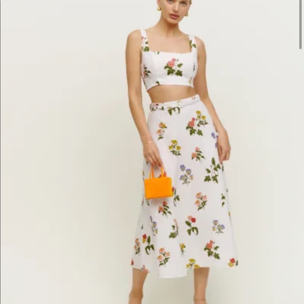 Reformation White Floral Midi Dress with Pink, Yellow & Green Print